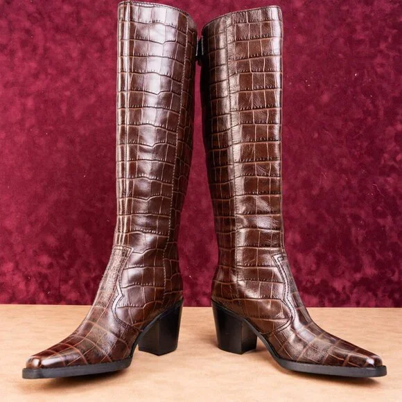 Ganni Women Croc Print Brown Leather Western Tall Fashion Boots sz 7.5US EUR38 - Picture 2 of 10
